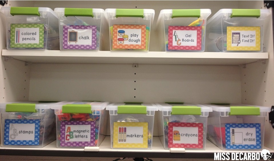 TONS of classroom organization and storage tips and photographs. Find storage and classroom organization tips and pictures for word work, math manipulatives, the classroom library, the lost and found bin, and more! Grab FREE word work storage labels, too! -by Miss DeCarbo