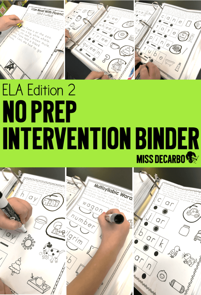 long vowels, silent e, r-controlled vowels, vowel teams, diphthongs, and fluency intervention! No Prep Reading Intervention Binder ELA Edition 2: Packed with phonics and fluency activities, ideas, resources, printables, and word lists for small groups, RTI, one on one intervention and instruction, and literacy groups. Great for teachers, volunteers, and intervention specialists. Tons of reading intervention ideas and strategies by Miss DeCarbo!