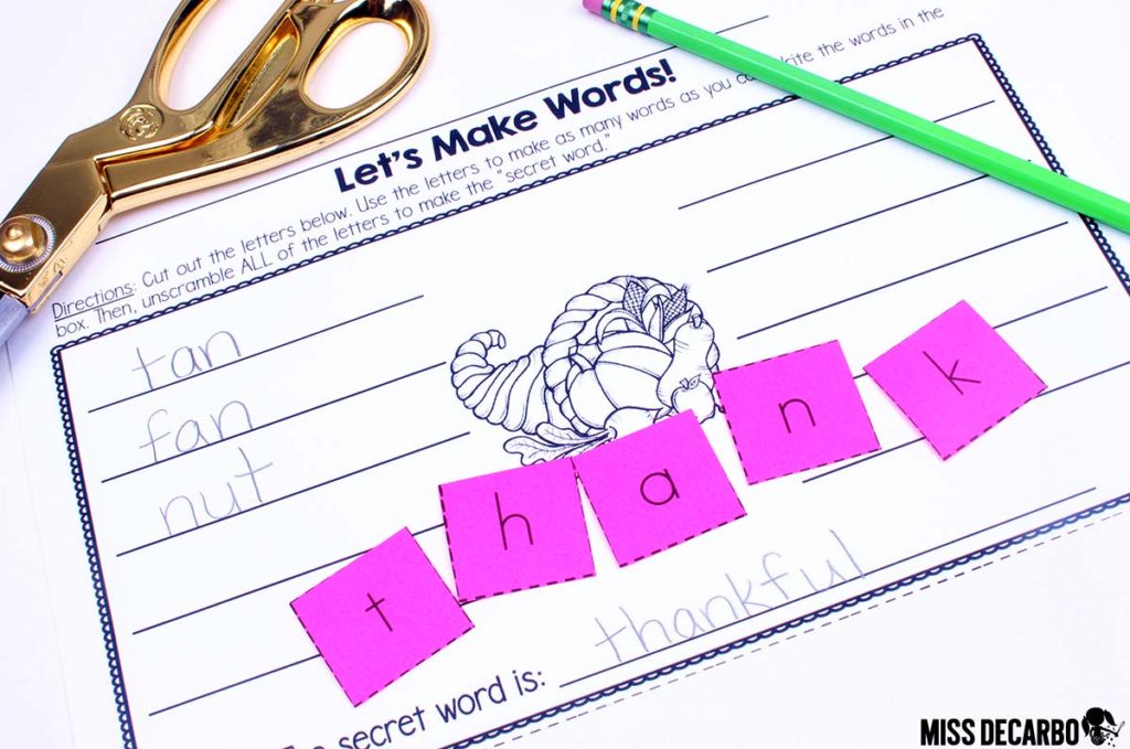 Thanksgiving Word Work Activity: FREE - Students build as many words as they can with the provided letter cards. Unscrambling ALL of the letters reveals the "secret word!" This activity is perfect for a word work center, literacy center, morning work, or as a small group activity for kindergarten through second grade students.