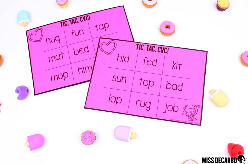 FREE Valentine's Day word work activities and games! Miss DeCarbo shares a FREE word building activity pack, three different Tic Tac Toe phonics games (cvc words, sneaky e words, and vowel teams), and a list of four ways to add Valentine's Day touches to the small group reading table. 