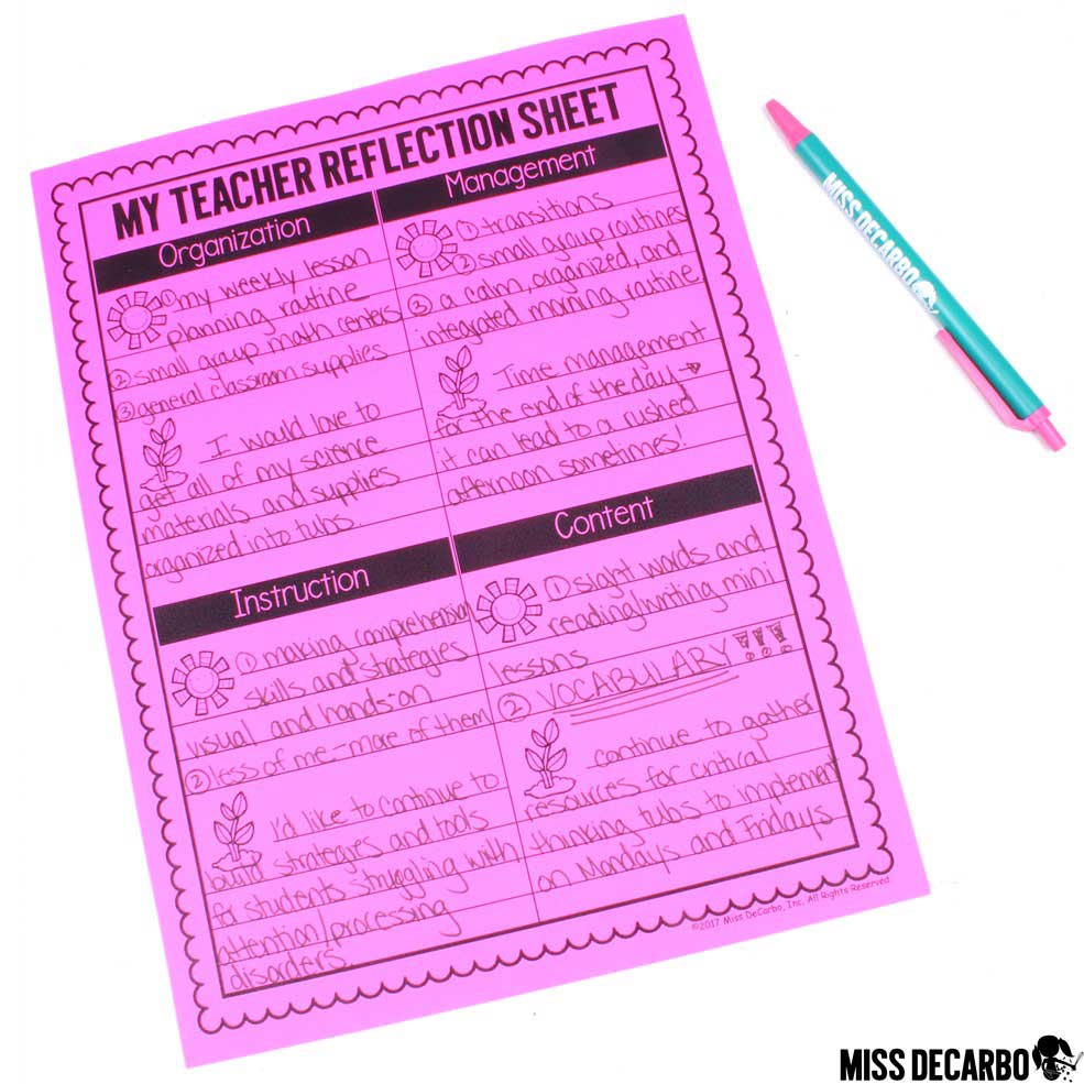 FREE Teacher Reflection Sheet to figure out what you really need for your classroom next school year. Learn how to map out your goals for organization, instruction, content, and classroom management.
