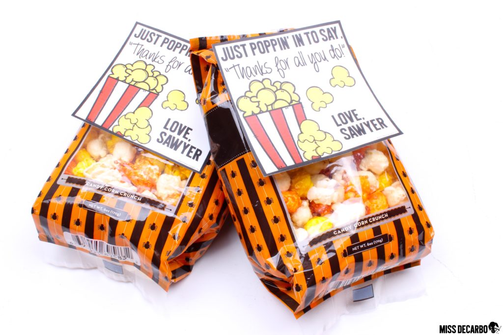 free printable gift tags with a popcorn theme- These are great to attach to gifts for co-workers, daycare and preschool teachers, volunteers, etc. 