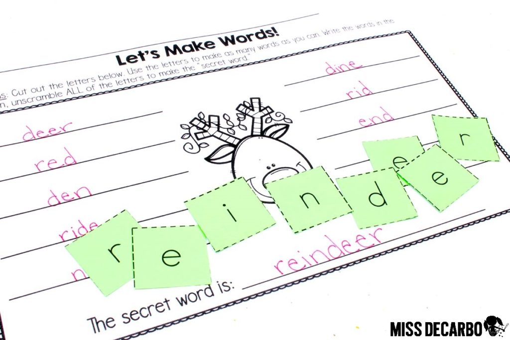 Five FREE word work Christmas worksheets to use for a word work center or small group activity.