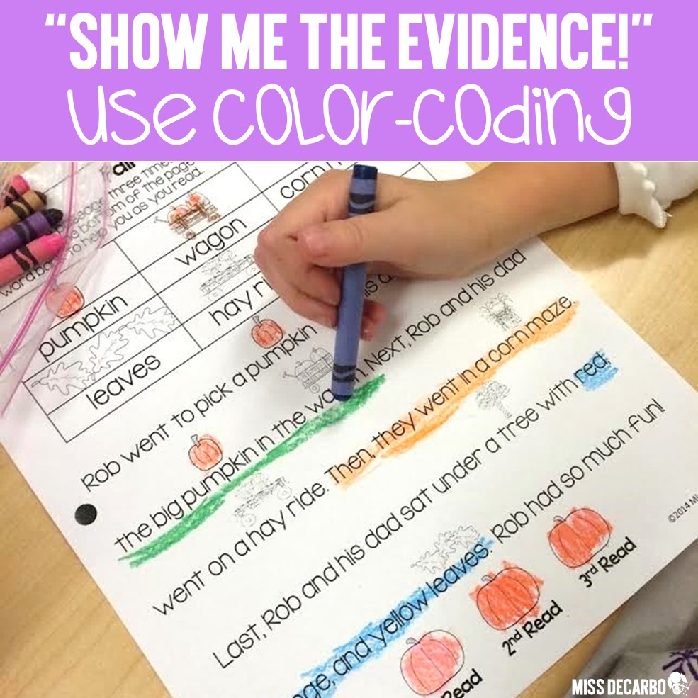 How to teach text evidence skills to primary readers! Teach students how to use a simple but highly effective strategy of color coding the text to cite evidence and prove their answers. 
