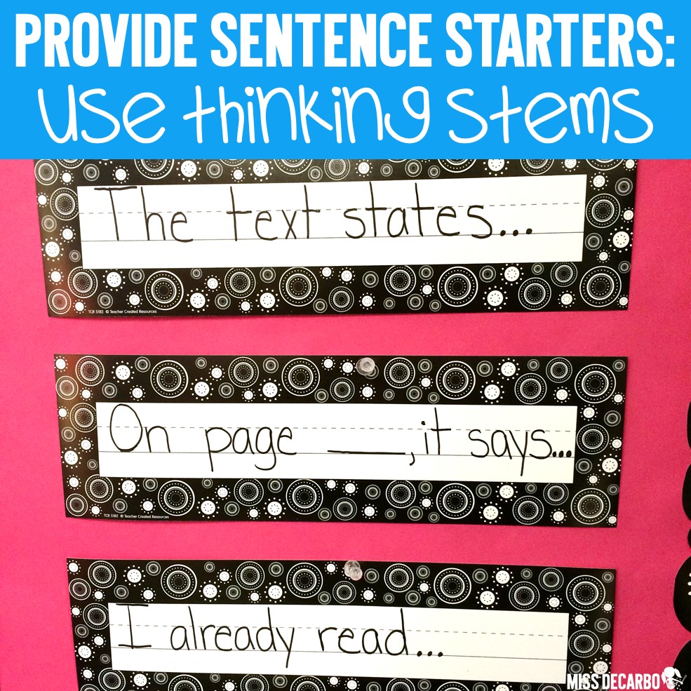 How to teach text evidence skills to primary readers! Use thinking stems to help students start their thoughts and initiate a conversation about their comprehension. Thinking stems give readers confidence and help them organize their thoughts.