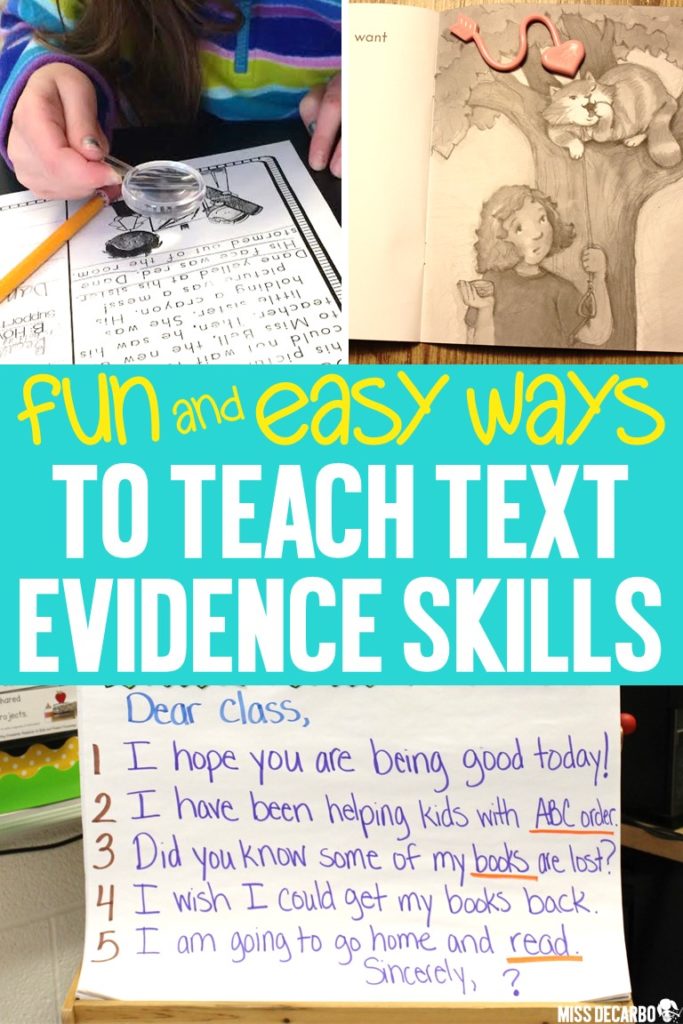 How to teach text evidence skills to primary readers! Get lessons, activities, and ideas for helping beginning readers improve comprehension by learning how to go back into the text, show proof, and cite evidence.