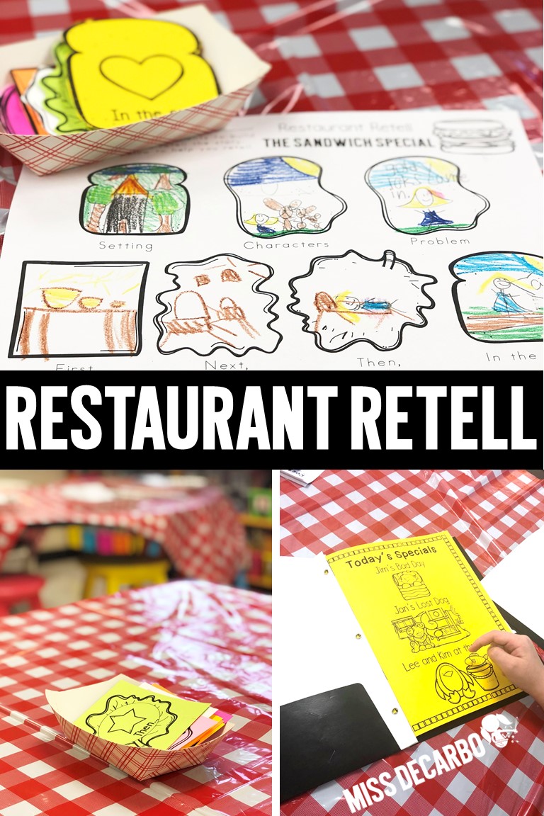 Retelling activities for a theme day called Restaurant Retell! Host a book buffet, make a retelling sandwich craft, order off of a reading menu with retelling reading passages, and more!