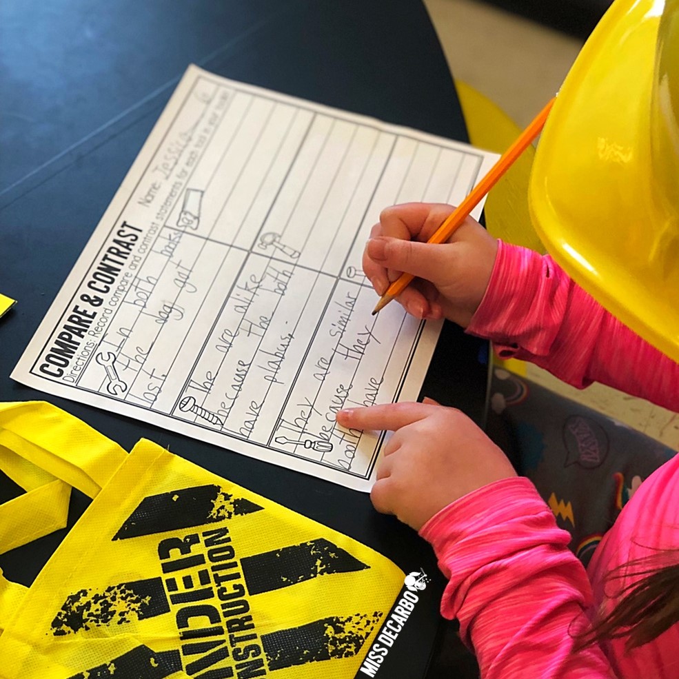 Teach compare and contrast using a construction theme day! Easily transform your classroom with this engaging reading mini-pack and a blog post filled with reading ideas!