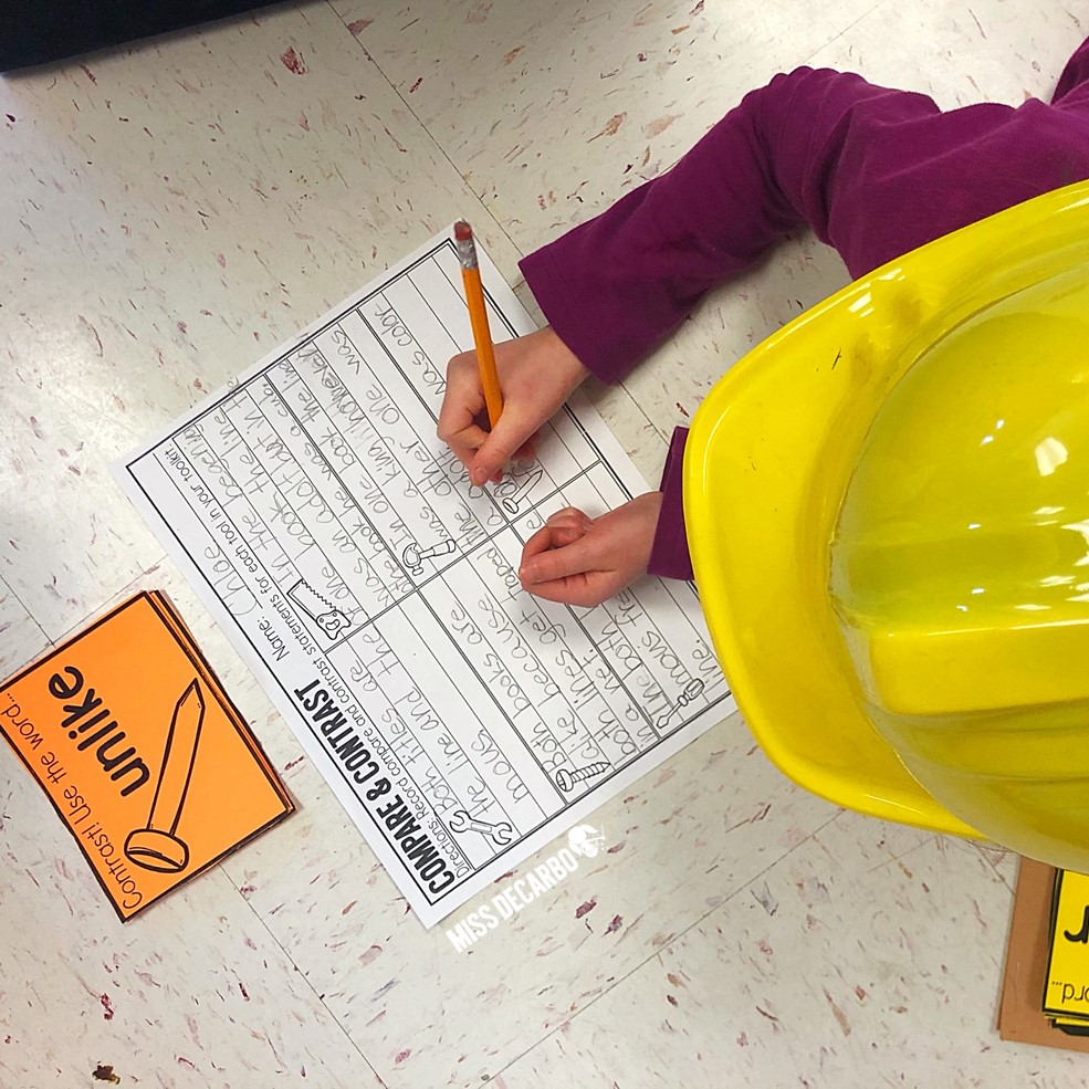 Teach compare and contrast using a construction theme day! Easily transform your classroom with this engaging reading mini-pack and a blog post filled with reading ideas!