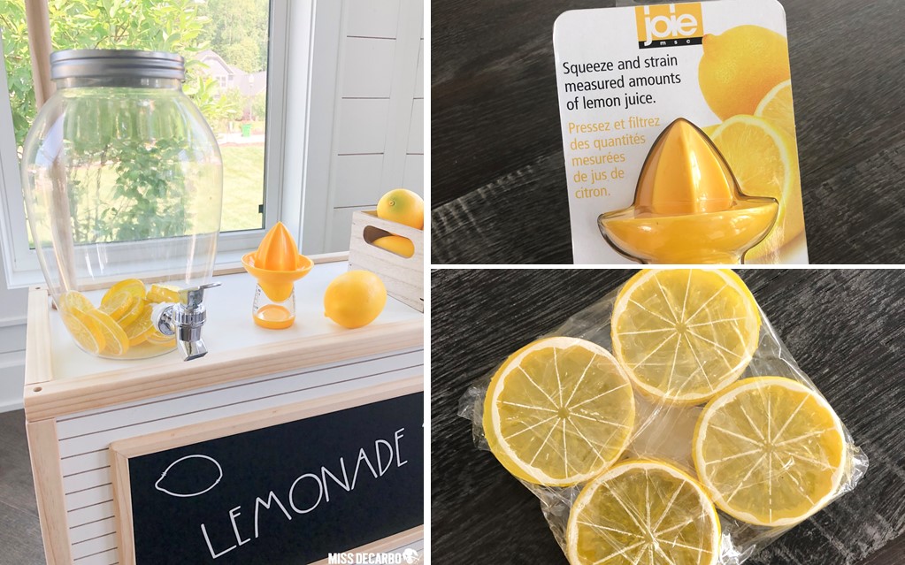 A modern farmhouse play cart that was transformed into a lemonade stand. This adorable dramatic play cart is perfect for fostering pretend-play and imagination!