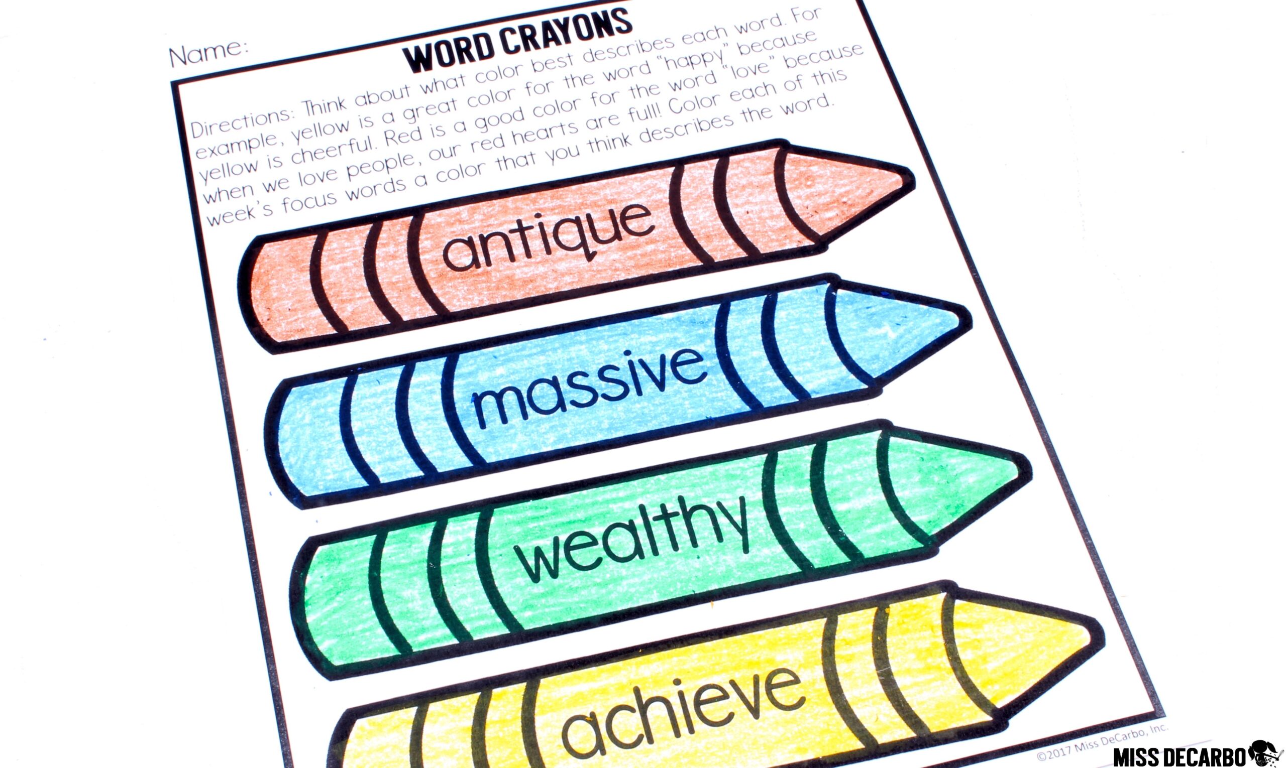 Vocabulary activity: Think about what color best describes each word's meaning. This activity gets students thinking critically about a word's meaning and its connection to their own lives. There are no right or wrong answers as long as the child can justify and explain his or her reasoning. Engaging vocabulary word play!