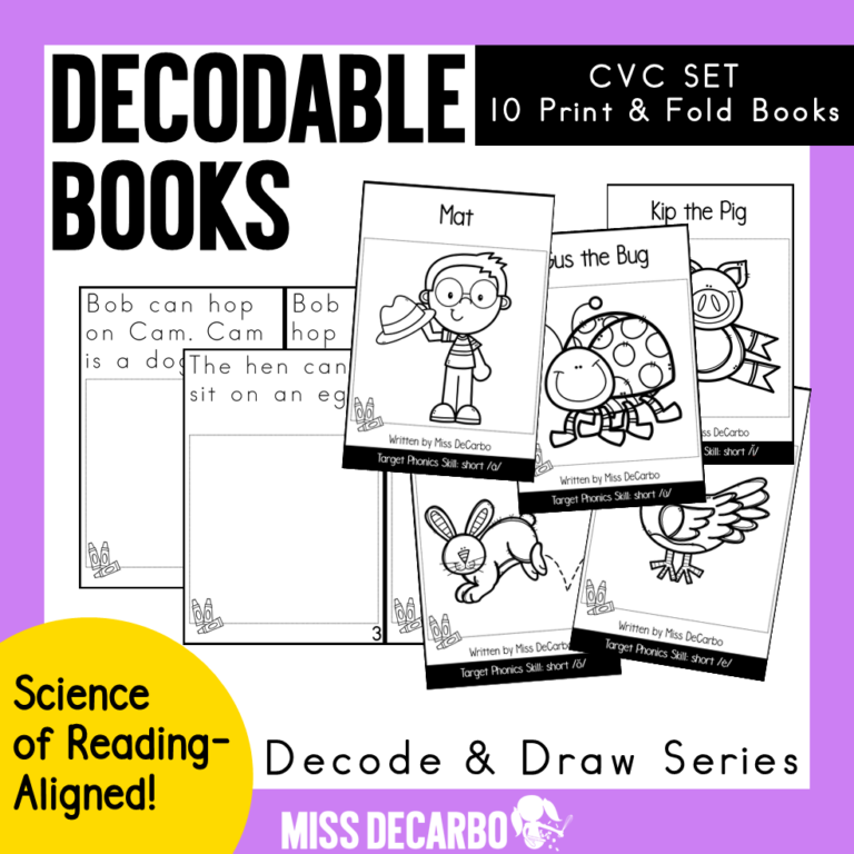 These simple, short printable books help students concentrate on the words first. After they practice reading the text, they can illustrate each page within the book. The final page of each book contains word work practice. The result is an interactive decodable book that boosts word recognition, comprehension, fluency, and word mapping skills.