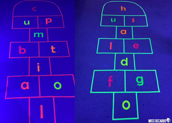 Glow-themed hopscotch board for letters and sounds