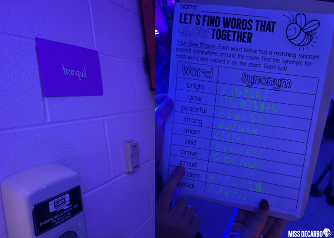 Synonym scavenger hunt for the glow theme as an activity for literacy night.