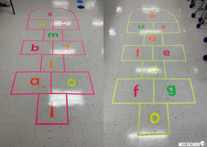 glow-themed hopscotch board for letters and sounds