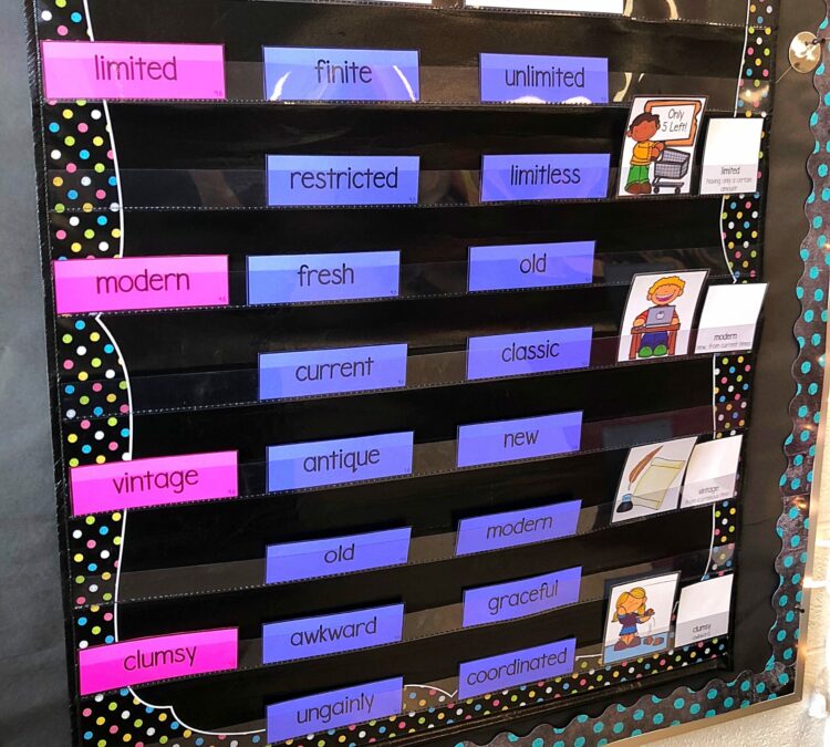Students are exposed to synonyms and antonyms for the words they are learning each week. Understanding synonyms and shades of meaning helps students make connections.