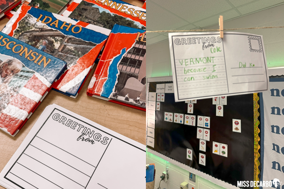 Students made postcards and explored books about the 50 states during World Adventures literacy night.