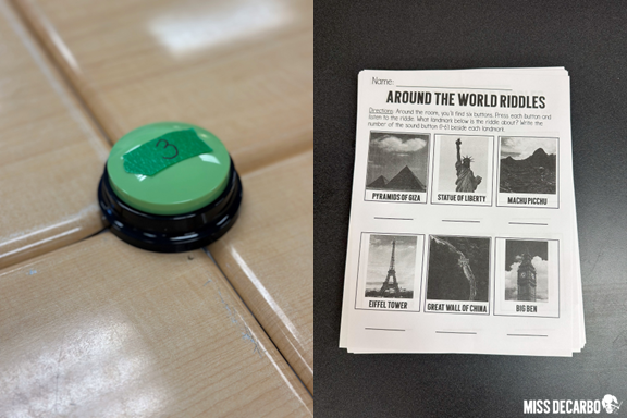 Literacy night activity for grades 4 and 5. Students solved world landmark riddles using recorded sound buttons around the room.