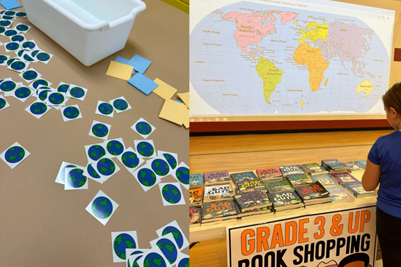 Literacy Night with book shopping and sticker table for World Adventures theme